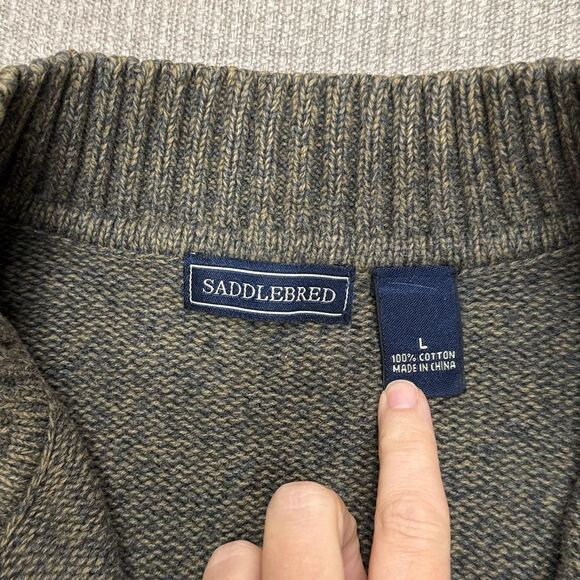 Vtg Saddlebred Brown Green Gray Marled Knit Quarter Zip Cotton Sweater Preppy L - Picture 3 of 5